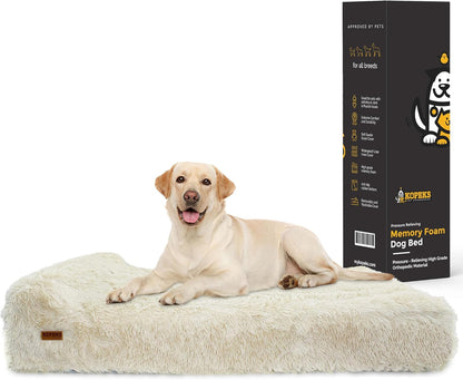 KOPEKS Orthopedic Memory Foam Dog Bed 7" Inch Thick Extra Large Dog Bed with Pillow Fluffy Brown 50"x34"x10" Includes Waterproof Liner & Durable Removable Cover with Smart Design