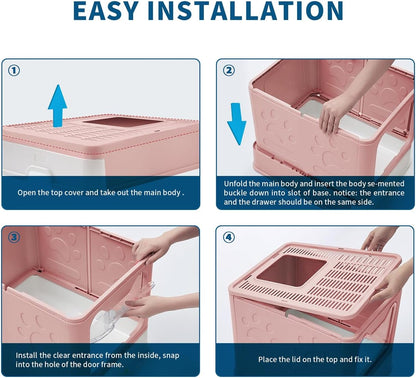 Cat Litter Box with Litter Mat and Scoop, Large Foldable Litter Box with Lid, Front Entry Top Exit Kitty Box, Odor Control, Easy to Clean (Pink)