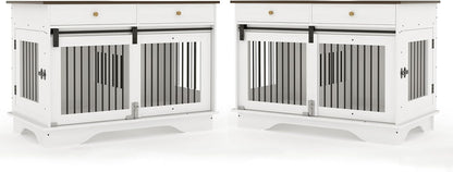 Dog Furniture Crate, 47" Large Dog Crate Furniture w/ 2 Storage Draws & Removable Divider for Large/Medium/Small Dogs (White, Double Cage)