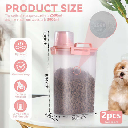 SenseYo 2 Pack 2.5lb Pet Food Storage Container with Measuring Cup, 3L Cat Food Storage Container Dog Food Storage BPA Free for Small Dog, Cat, Bird (Pink, Green)