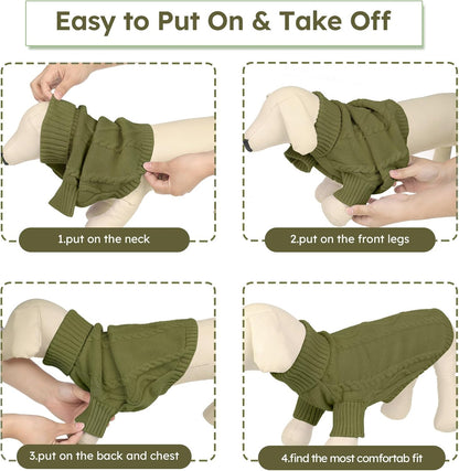 Queenmore Small Dog Pullover Sweater, Cold Weather Cable Knitwear, Classic Turtleneck Thick Warm Clothes for Chihuahua, Bulldog, Dachshund, Pugl,OliveGreen,XS