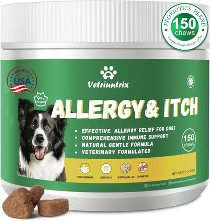 Dog Allergy Relief Chews, Dog Itch Relief Chews for Large Dogs Paw Licking Itchy Skin Seasonal Allergies, Probiotics with Astragalus Omega-3 for Coat Immune Supplement-150ct