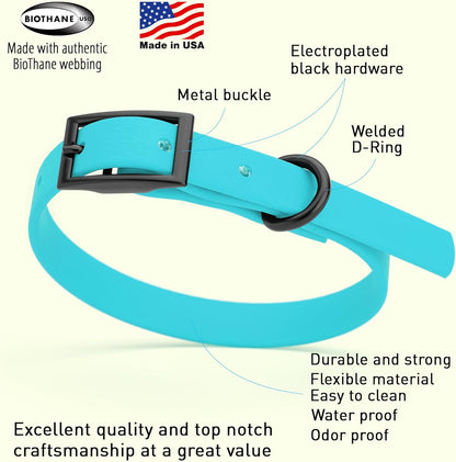 Dogline Biothane Waterproof Dog Collar Strong Coated Nylon Webbing with Black Hardware Odor- Proof for Easy Care Easy to Clean High Performance Fits Small Medium or Large Dogs, Sky Blue
