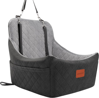 Dog Car Seat for Dogs Up to 35lbs,Fully Detachable and Washable,Memory Foam Covered Soft Fabric,Easy to Install with Adjustable Straps,Anti-Slip Bottom,Two Side Pockets(Black/Grey,Medium)