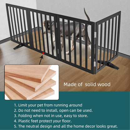 ZJSF Freestanding Indoor Dog Gate for House Foldable Wood Puppy Gate for Doorways Pet Gate for Stairs Extra Wide Pet Fence, Black, 32" Height 4 Panels