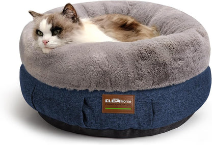 ClevaHome Cozy Cat Bed - Ultra-Soft Plush Pet Bed with Raised Sides and Anti-Slip Base, Comfortable Round Bed for Small Pets up to 11 lbs