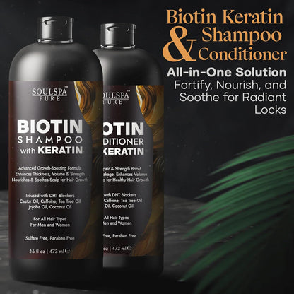 Biotin Shampoo and Conditioner Set with Keratin - Sulfate-Free Advanced Anti-Thinning, Hair Growth Shampoo and Conditioner Combo Repair Formula - with DHT Blockers, for Men & Women - 16 fl oz each