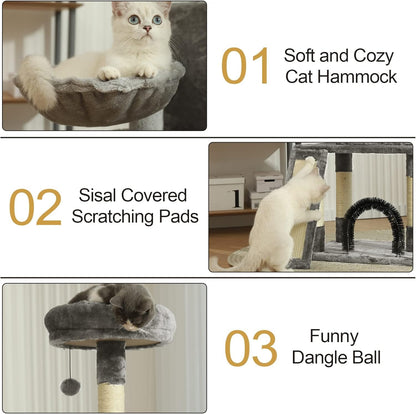 HOOPET 44IN Cat Tree for Indoor Cats - Multi-Level Cat Tower with Hammock, Condo, Scratching Posts, Self-Grooming Brush & Play Ball - Space-Saving Cat Furniture for Small Apartments