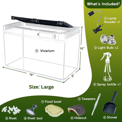 16×10×8'' Reptile Tank Kit with Heat Lamp, Spray Bottle, Shovel, Tweezers, Food Bowl, Hideout -Perfect for Geckos, Bearded Dragons, Snakes, Lizards, Turtles 360° Viewing, PC Glass