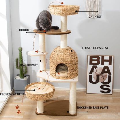 Large Wood Cat Tree Tower for Indoor Cats, Multi-Cats Scratching Post & Cat Condo with Handwoven Cat House Basket, Thick Sisal Posts, Modern Stable Cats Tower Furniture