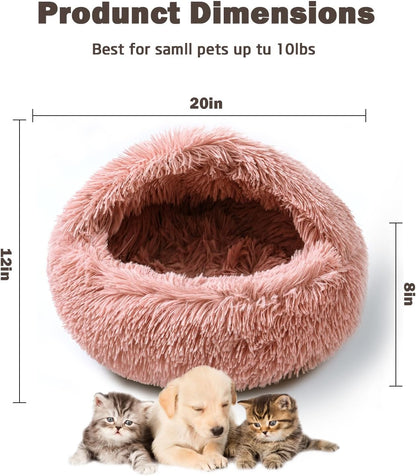 Cat Bed for Indoor Cats, Calming Cozy Cave with Self-Warming Plush, Entire Bed Machine Washable & Anti-Slip Base, Breathable Pet Bed for Small Cats&Dogs All Seasons (Leather Pink, 20 * 20inch)
