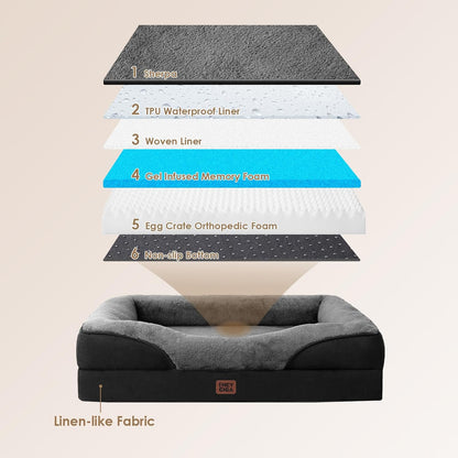 EHEYCIGA Memory Foam Dog Bed for Large Sized, Orthopedic Dog Sofa with Sides and Waterproof Liner, Washable Bolster Pet Couch with Removable Cover, 41x27x7.5 Inch, Grey/Black