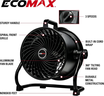 10-Inch High-Velocity Drum Air Circulator Fan, Heavy-Duty Shop Fan with 3-Speed & 360° Tilting Floor Fan for Warehouse, Industrial, Workshop
