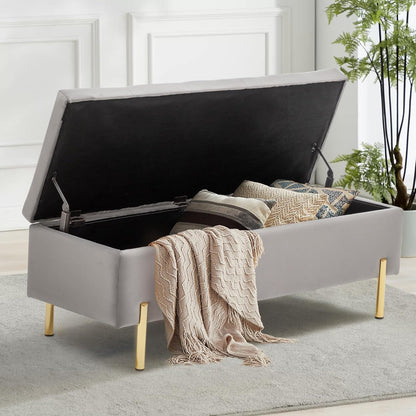 45.6 Inch Velvet Storage Bench, Tufted Upholstered Ottoman with Storage, Bedroom Living Room Entryway Rectangular Accent Bench, Grey