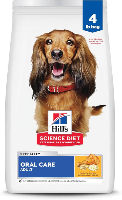 Hill's Science Diet Oral Care, Adult 1-6, Plaque & Tartar Buildup Support, Dry Dog Food, Chicken, Rice, & Barley, 4 lb Bag