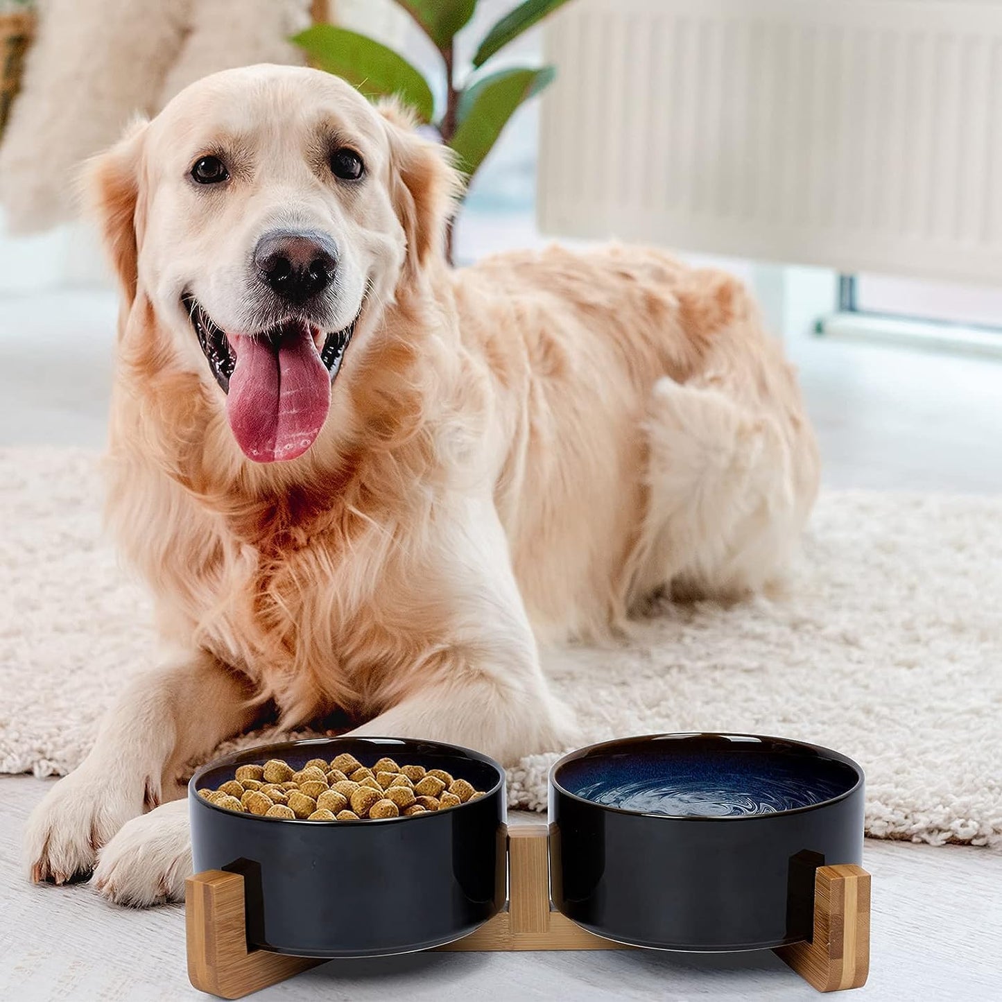 SPUNKYJUNKY Ceramic Dog and Cat Bowl Set with Wooden Stand, Modern Cute Weighted Food Water Set for Small Size Dogs (13.5OZ) & Medium Sized Dogs (28.7OZ) & Cats (3.6 Cups, 2 × Starry Blue)