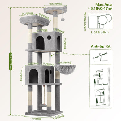 Globlazer Cat Tree, 70 inch Tall Scratching Tower Multi-Level Cat Condo for Indoor Multiple Cats with 2 Large Cat Caves, Top Perch, Large Platform, Bottom Swing, F70B, Light Grey