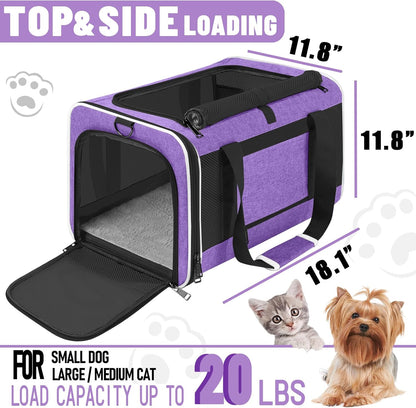 Pet Carrier for Large Cat 20 lbs+ / Soft Sided Small Dog 12 Pounds Travel Crate Top Load/Collapsible Kitty Carry Bag Big Kitten Mesh/Sturdy Animal Transport cage Kennel Long Trips Purple