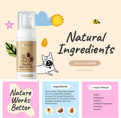 kin+kind Waterless Dry Shampoo for Dogs - Rinse-Free, Eliminate Itch and Odor, Natural Formula with Witch Hazel, Coconut Oil, Olive Oil, Almond and Vanilla - Made in USA