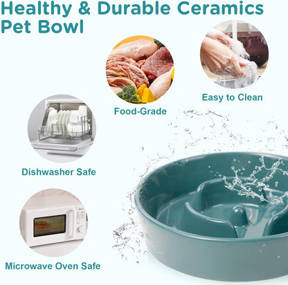 SPUNKYJUNKY Ceramic Elevated Dog Bowls with Slow Feeder Raised with Acacia Bamboo Wooden Stand, 6.1'' Dog and Cat Food Water Bowls Set Non-Slip for Small Medium Sized Breed - Dark Green