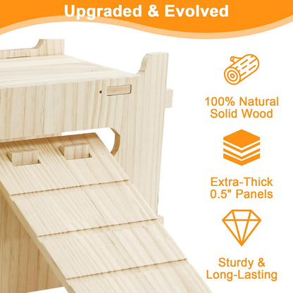 Natural Wooden Rabbit Castle House,Extra Large Hideout for Rabbit Guinea Pig Chinchilla Ferret,Sturdy Bunny House with Stair