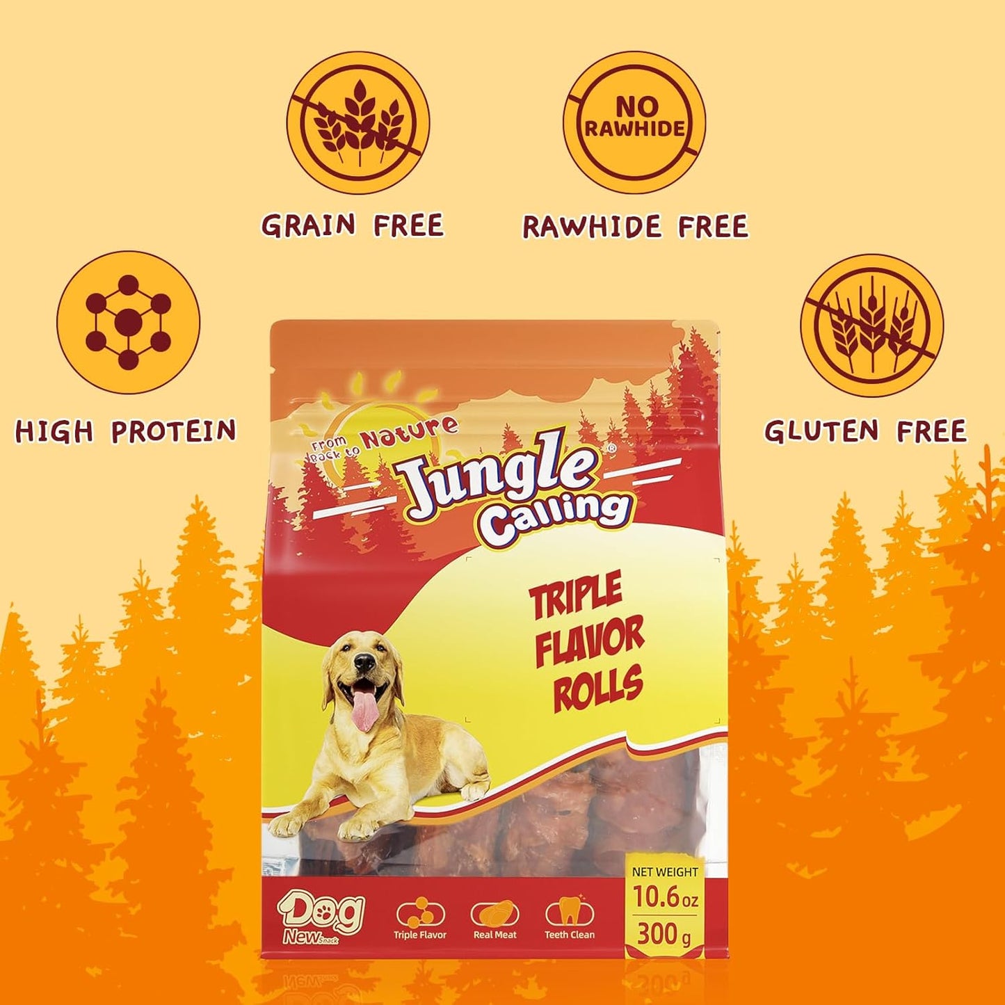 Jungle Calling Triple Flavor Rolls Dog Treats, Made with Real Chicken Duck Beef Meat, Rawhide Free Dogs Snacks,Healthy, Easily Digestible, and High Protein Treat, 10.6 oz