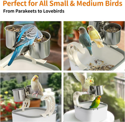 Bird Desktop Training Stand with Detachable Stainless Steel Double Bowls Feeder-Portable Bird Perches Stand with Detachable Base for Parakeets, Lovebirds&Medium-Sized Birds, Parakeet Cage Accessories