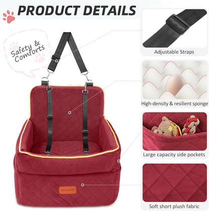 Dog Car Seat for Small Medium Dogs, Memory Foam Puppy Dog Booster Seat with Thick Cushion for Dogs Under 35lbs, Detachable Washable Pet Car Seat Travel Bed with Storage Pockets,2 Safety Belts