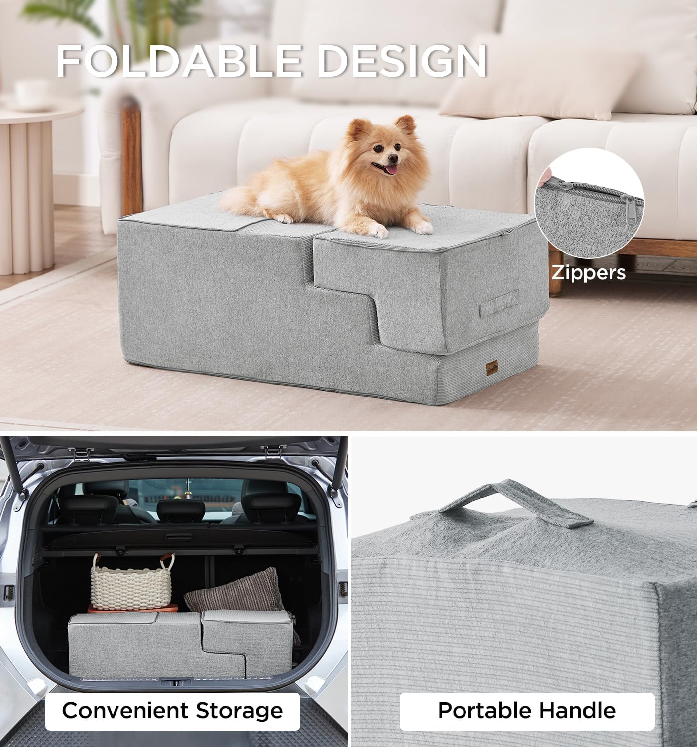 Made4Pets Dog Stairs for High Bed, Extra Wide Pet Stairs for Bed Couch Sofa, 35D Foam Pet Steps for Small Dogs and Cats, Non-Slip Bottom Dog Steps, Light Grey, 5 Steps