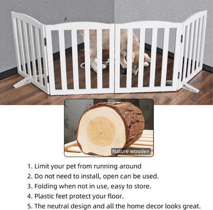 ZJSF Foldable Freestanding Indoor Dog Gate for House Wood White Long Pet Gates Dog Fence for Stairs Puppy Gates for Hallways, Puppy Gate,Support Feet Included 32 "Height-4 Panels