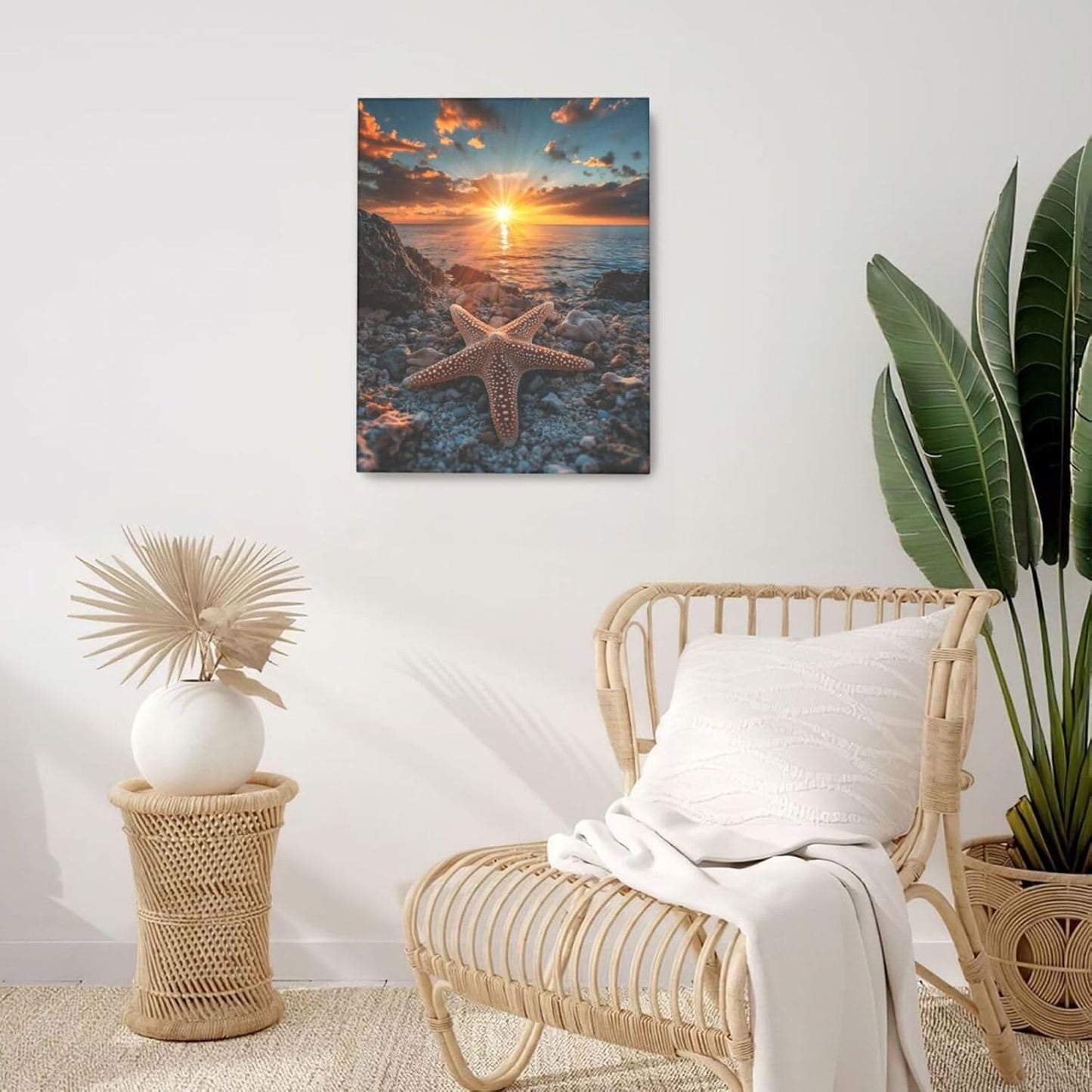 Beach Starfish Wall Decor Ocean Starfish Wall Art Sunset Scenery Coastal Theme Pictures Canvas Nature Seascape Painting Print Framed Artwork Decorations for Home Bathroom Living Room Bedroom Office 16"x20"