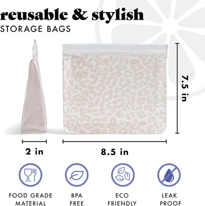 Fit & Fresh Reusable PEVA Storage Bags 3 Pack, Reusable Food Storage Bags, LeakProof, Durable, Freezer Safe, Hand Wash, Easy to Clean, Eco-Friendly, Ivory Feline Fine