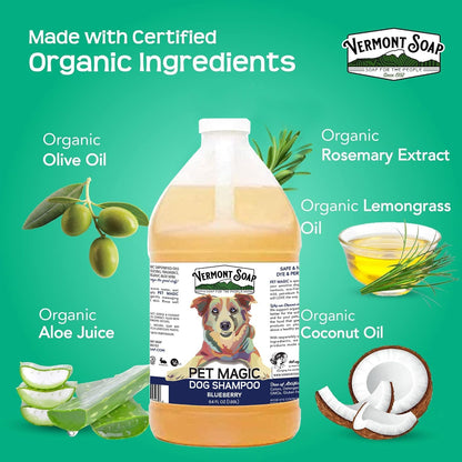 VERMONT SOAP Organics Pet Shampoo - Infused with Organic & Natural Olive Oil, Coconut & Aloe Vera Dog Shampoo for Sensitive Skin - USDA Certified Grooming, Blueberry (64oz)