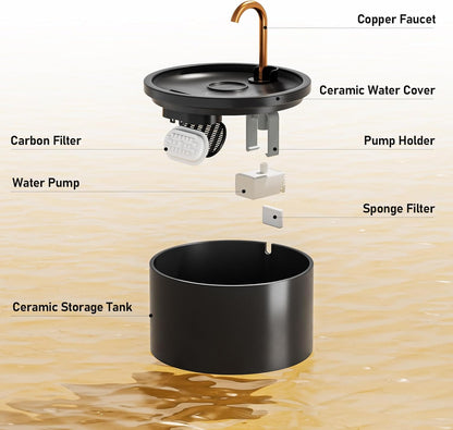 DOOOB Ceramic Cat Water Fountain, 2.1L/71oz Ceramic Cat Fountain, Automatic Ceramic Water Fountain for Cats, Pet Water Fountain with Ultra-Quiet Pump and 3 Filters & 3 Sponges (Black)