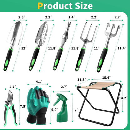 Kitness 9 PCS All-in-one Garden Tools Set Heavy Duty Cast-Aluminium Alloy Gardening Tools Kit with Folding Stool Seat&Detachable Canvas Tool Bag Great Gifts for Gardening