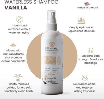Lillian Ruff Waterless No-Rinse Dog Dry Shampoo Spray with Hydrating Essential Oils - pH-Balanced Dry Shampoo for Dogs - Clean, Condition, Detangle & Deodorize Dry, Sensitive Skin (Vanilla)