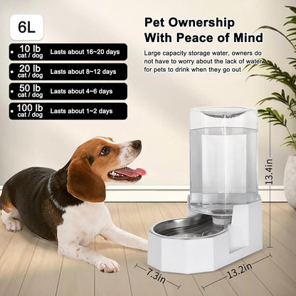 Sfozstra Dog Water Bowl Dispenser: 6L Large White Gravity Stainless Steel Bowl - Without Filter - Pet Feeder for Pets Indoor/Outdoor Use by Owners