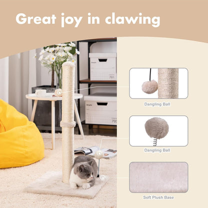 MECOOL 34” Tall Cat Scratching Post Premium Basics Kitten Scratcher Sisal Scratch Posts Trees with Hanging Ball for Indoor Cats, Beige
