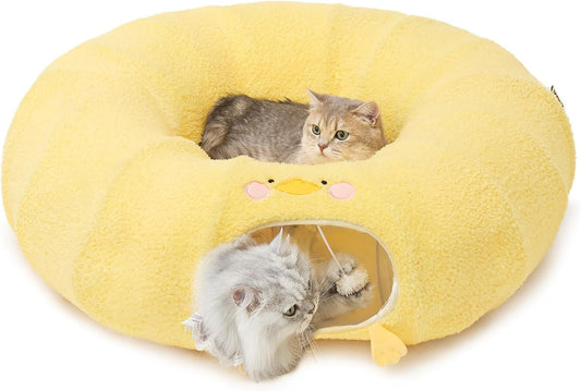 EHEYCIGA Cat Tunnel Bed for Indoor Cats, Cute Cat Donut Toy Tunnel for Small Large Cats with Washable Circle Cushion, Peekaboo Pet Cave Play Tunnel for Kitten, Puppy, Rabbit