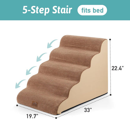 Extra Wide Dog Stairs 19.7" Width, Large Pet Step for Small Medium Dog, Puppy or Cat, Ramp for High Bed or Car, High Density Foam Ladder, Stable, 5 Step, 19.7x33x22.4 inch, Light Brown