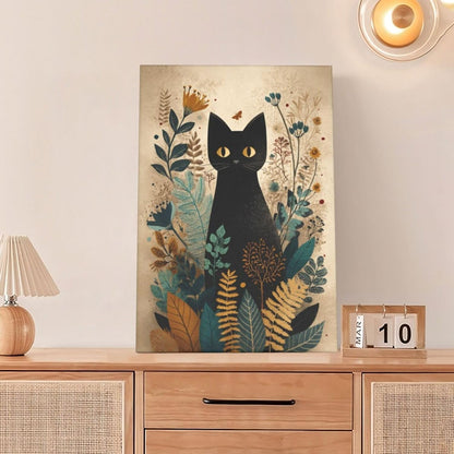 Boho Black Cat Wall Art Kitten Botanical Wall Decor Mid Century Modern Canvas Painting Print Minimalist Pictures Artwork Framed Decorations Gifts for Cat Lover Bathroom Nursery Living Room Bedroom Kitchen 16"x24"