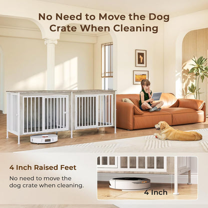 63 Inch Dog Cage Furniture for 2 Large/Medium Dogs with Removable Divider, Extra Large Double Doors Dog Kennel, XXL Thick Wooden Dog cage Furniture, Durable and Sturdy, Beige