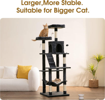 MWPO 70.1-Inch Large Cat Tree, Multi-Level Tall Cat Tower for Indoor Cats, Plush Cat Condo with Big Padded Perches, Sisal-Covered Scratching Posts, Hammock, Toys for Kittens & Cats - Smoky Grey