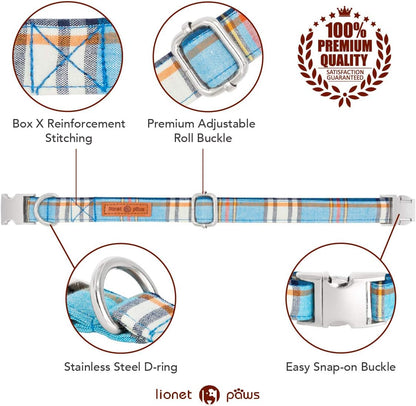 Lionet Paws Boy Dog Collar with Bowtie, Comfortable Adjustable Cute Blue Plaid Bow Tie Collar for Male Dogs Gift, Large, Neck 16-24 inches