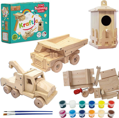 Kraftic Woodworking Building Kit for Kids and Adults, with 3 Educational DIY Carpentry Construction Wood Model Kit Toy Projects for Boys and Girls - Tow Truck, Birdhouse and Dump Truck