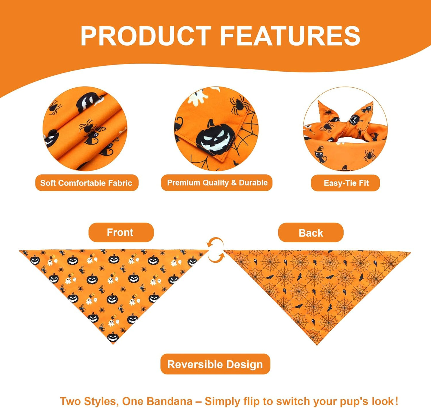Halloween Dog Bandana for Large Dogs - Reversible Orange Jack-o-Lantern & Spiderweb Print Scarf - Soft & Quick-Dry for Costume Parties