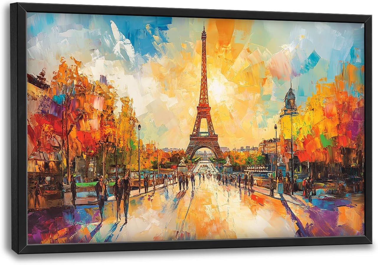 Framed Large Eiffel Tower Wall Art for Living Room, Oversized Paris City Street Landscape Wall Decor, Colorful Sunrise Canvas Painting Modern Artwork for Living Room Bedroom Office 36"x24"
