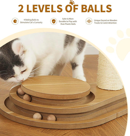 Made4Pets Cat Scratching Post Cat Scratcher Kitten Toys for Indoor Cats Wooden Ball Track Two-Layer Modern Sisal 32" Tall Scratch Post Interactive Toy with Dangling Ball Large Size