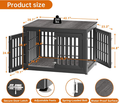 42" Heavy Duty Dog Crate Furniture for Small,Medium and Large Dogs,Rustic Wooden Dog Cage Kennel Indoor Furniture with Waterproof Top,Decorative Pet House Side End Table (Black & Grey)