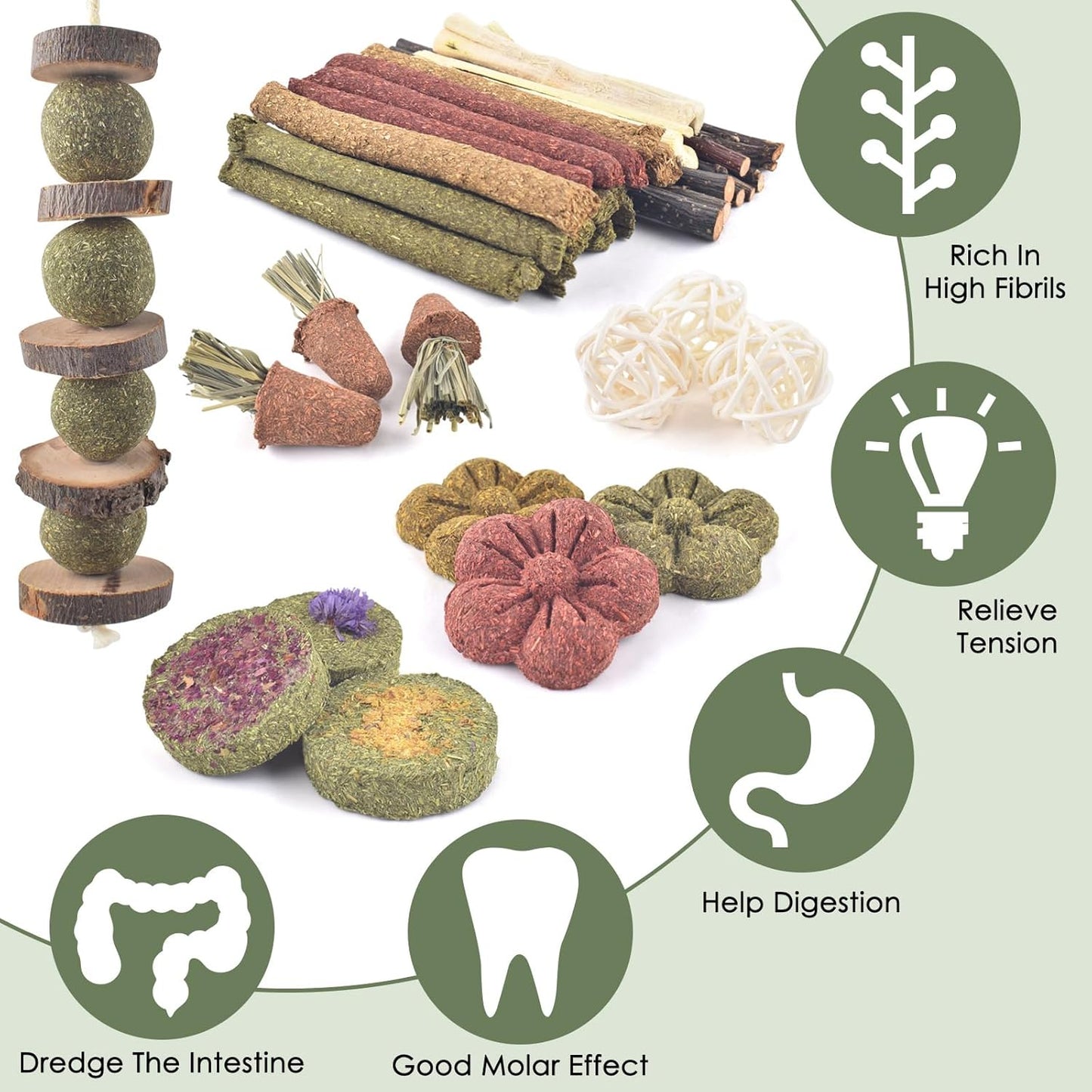 ERKOON Bunny Toys Boredom, 42 PCS Bunnies Timothy Hay Sticks Carrots Rose Grass Cake Dental Care, Molar, Chinchillas Toy Chew Toy, Guinea Pigs, Hamsters, Chinchilla, Rabbit Chew Toys for Teeth